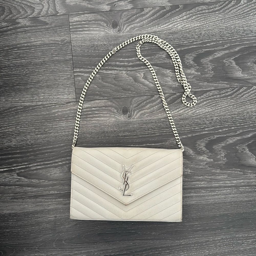 Yves Saint Laurent Light Gray Quilted Leather wallet on chain